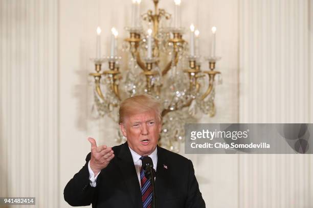 President Donald Trump speaks during a joint news conference with Estonian President Kersti Kaljulaid, Latvian President Raimonds Vejonis and...