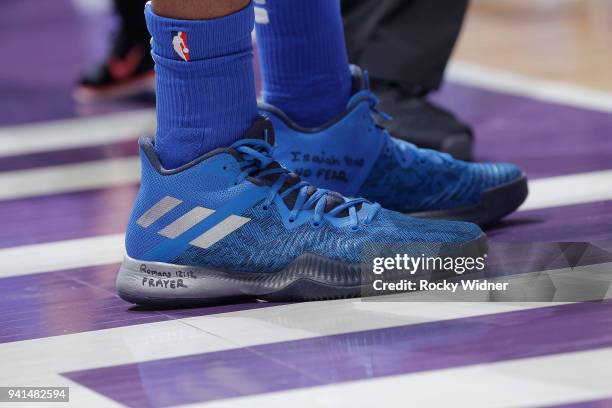 The sneakers belonging to Harrison Barnes of the Dallas Mavericks in a game against the Sacramento Kings on March 27, 2018 at Golden 1 Center in...