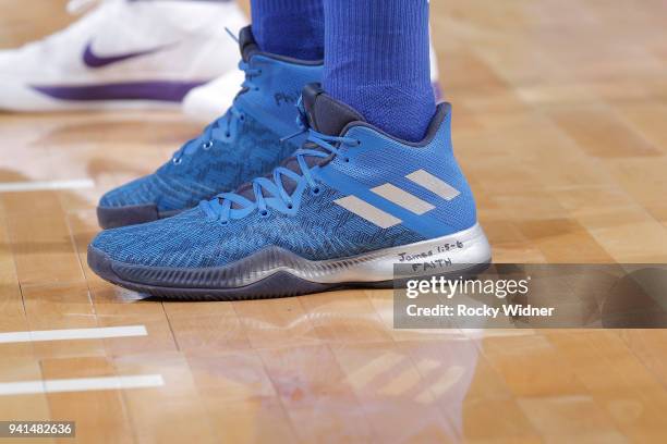 The sneakers belonging to Harrison Barnes of the Dallas Mavericks in a game against the Sacramento Kings on March 27, 2018 at Golden 1 Center in...