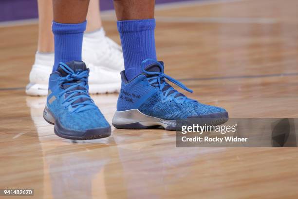 The sneakers belonging to Harrison Barnes of the Dallas Mavericks in a game against the Sacramento Kings on March 27, 2018 at Golden 1 Center in...