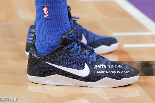 The sneakers belonging to Salah Mejri of the Dallas Mavericks in a game against the Sacramento Kings on March 27, 2018 at Golden 1 Center in...