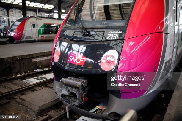 Trains are stopped during an SNCF French national railways strike at the 'Gare de Saint Lazare' on April 03, 2018 in Paris, France. A three months...