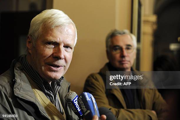 Andre Bamberski , father of Kalinka Bamberski, who died mysteriously in 1982, talks to journalists next to his lawyer Laurent De Caunes, after being...