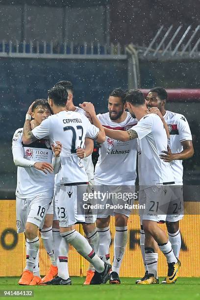 Nicolo Barella of Cagliari celebrates with team-mates after scoring a goal on a penalty kick during the serie A match betweenGenoa CFC and Cagliari...
