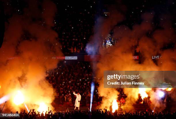 Anthony Joshua walks out to fight Joseph Parker during there WBA, IBF, WBO & IBO Heavyweight Championship title fight at Principality Stadium on...