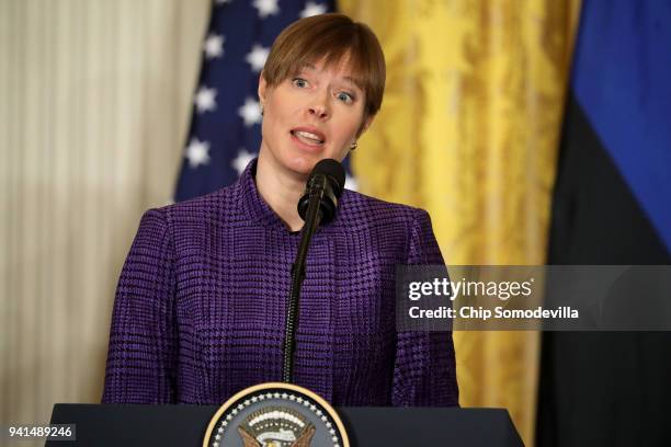 Estonian President Kersti Kaljulaid speaks during a news conference with fellow Baltic leaders Lithuanian President Dalia Grybauskaite and Latvian...