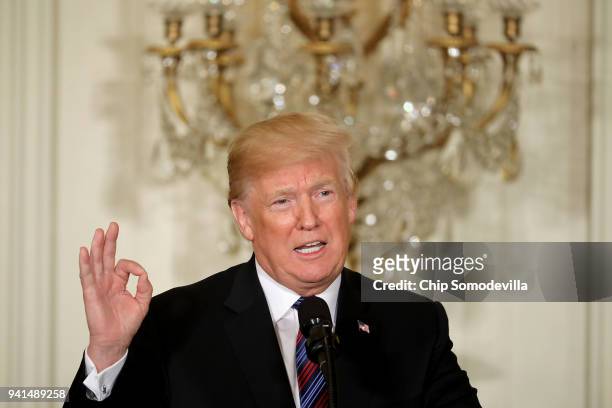 President Donald Trump speaks during a joint news conference with Estonian President Kersti Kaljulaid, Latvian President Raimonds Vejonis and...