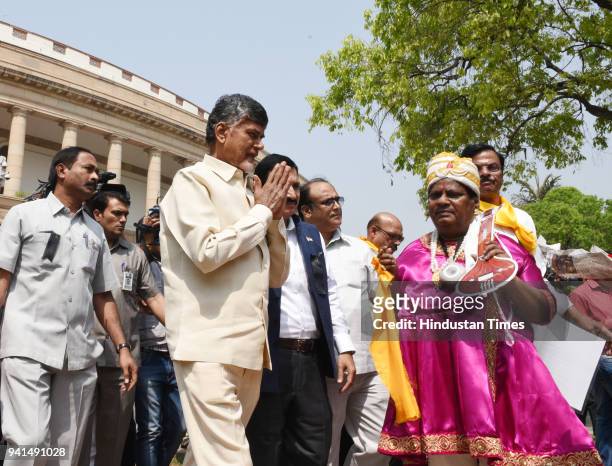 Andhra Pradesh Chief Minister N Chandrababu Naidu as he arrives to attend his party TDP leaders protest for demanding special status for the state of...