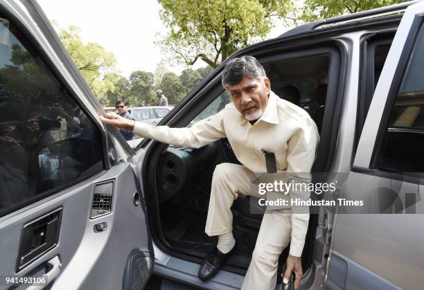 Andhra Pradesh Chief Minister N Chandrababu Naidu as he arrives to attend his party TDP leaders protest for demanding special status for the state of...