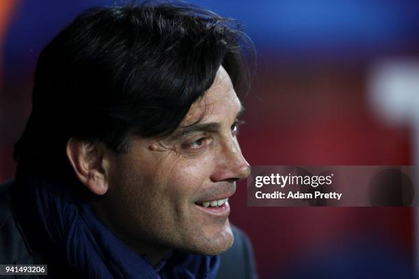 Eduardo Berizzo, Manager of Sevilla looks on prior to the UEFA Champions League Quarter Final Leg One match between Sevilla FC and Bayern Muenchen at...