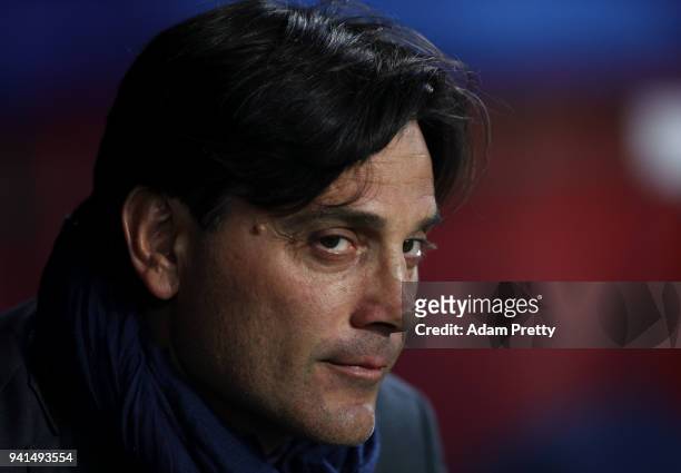 Eduardo Berizzo, Manager of Sevilla looks on prior to the UEFA Champions League Quarter Final Leg One match between Sevilla FC and Bayern Muenchen at...