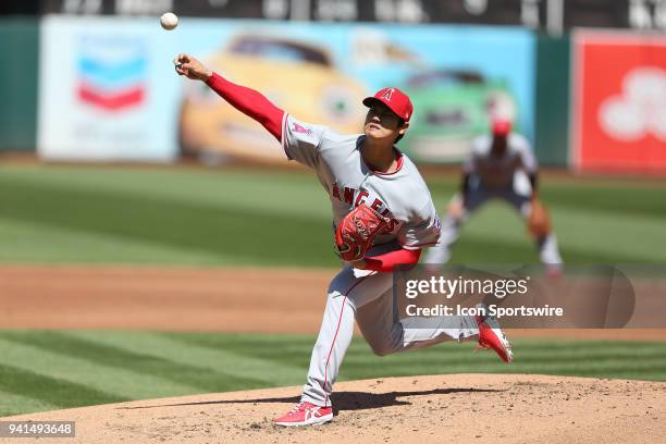 Japanese phenom Shohei Ohtani throws a pitch during his MLB pitching debut for the Los Angeles Angels during a MLB game between the Los Angeles...