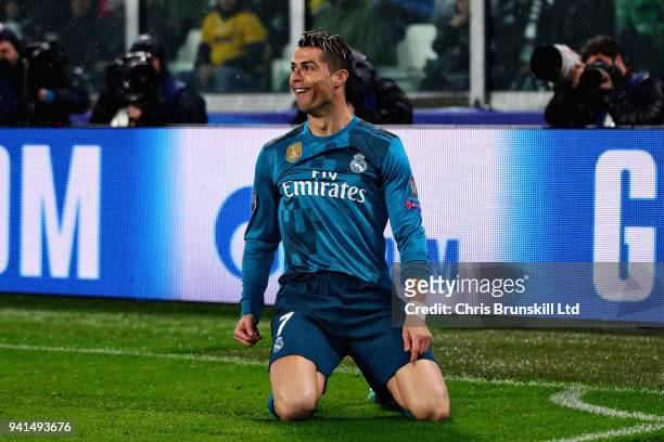Cristiano Ronaldo of Real Madrid celebrates after scoring the opening goal during the UEFA Champions League Quarter Final, first leg match between...