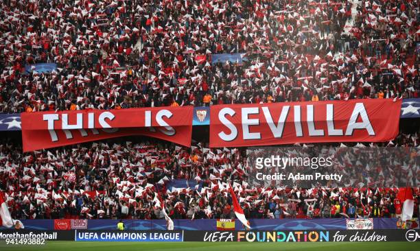 Sevilla fans hold up a banner prior to the UEFA Champions League Quarter Final Leg One match between Sevilla FC and Bayern Muenchen at Estadio Ramon...