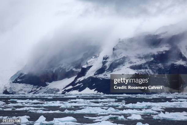 mist hangs over mountains, antarctic sound, antarctica. - península antártica fotografías e imágenes de stock