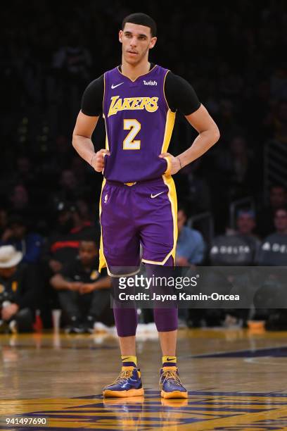 Lonzo Ball of the Los Angeles Lakers stands on the court during the game against the Dallas Mavericks at Staples Center on March 28, 2018 in Los...