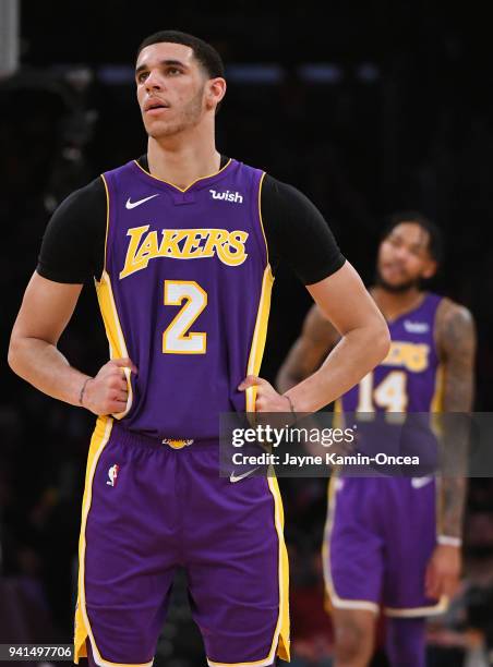 Lonzo Ball of the Los Angeles Lakers stands on the court during the game against the Dallas Mavericks at Staples Center on March 28, 2018 in Los...