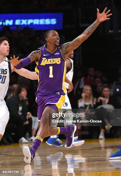 Kentavious Caldwell-Pope of the Los Angeles Lakers looks for a pass in the game against the Dallas Mavericks at Staples Center on March 28, 2018 in...