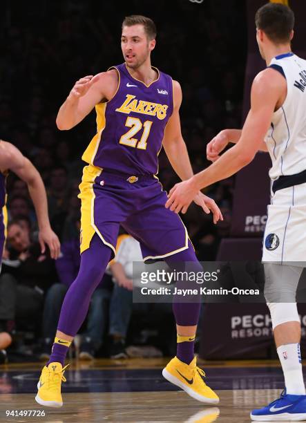 Travis Wear of the Los Angeles Lakers on the court during the game against the Dallas Mavericks at Staples Center on March 28, 2018 in Los Angeles,...