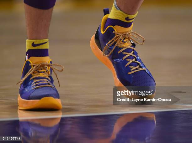 The basketball shoes worn by Lonzo Ball of the Los Angeles Lakers in the game against the Dallas Mavericks at Staples Center on March 28, 2018 in Los...