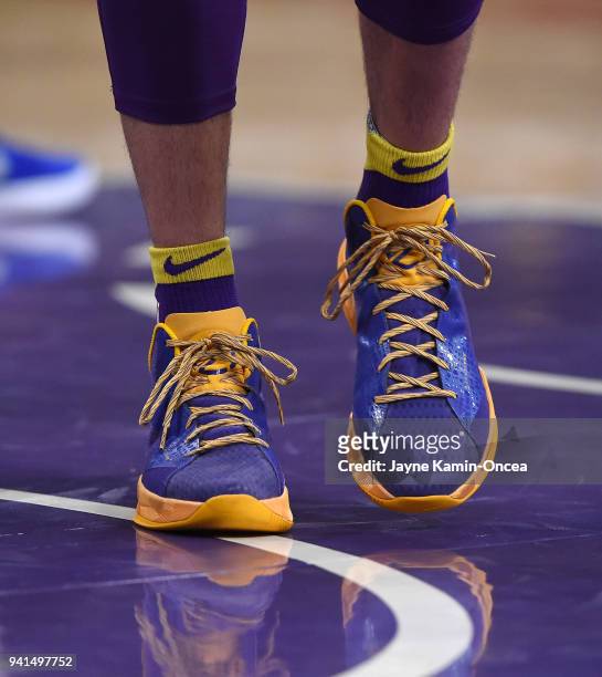 The basketball shoes worn by Lonzo Ball of the Los Angeles Lakers in the game against the Dallas Mavericks at Staples Center on March 28, 2018 in Los...