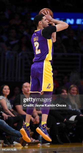 Lonzo Ball of the Los Angeles Lakers takes a jump shot during the game against the Dallas Mavericks at Staples Center on March 28, 2018 in Los...