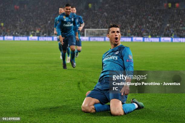 Cristiano Ronaldo of Real Madrid celebrates his opening goal during the UEFA Champions League Quarter Final Leg One match between Juventus and Real...