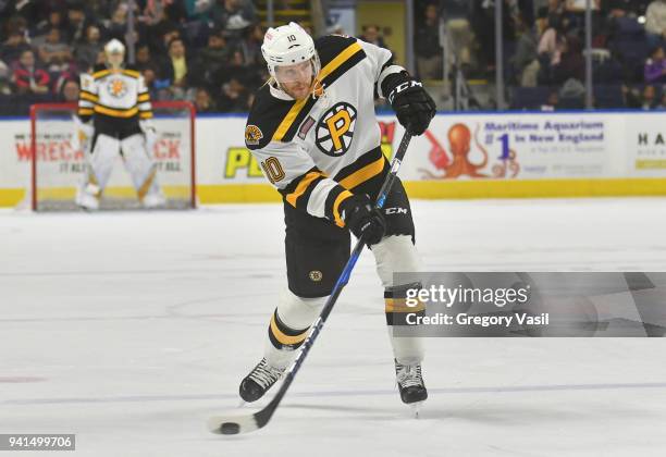 Paul Postma of the Providence Bruins takes a shot shot during a game against the Bridgeport Sound Tigers at the Webster Bank Arena on April 3, 2018...