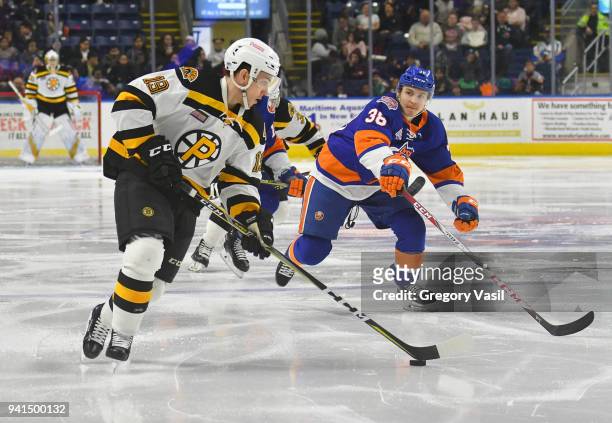 Ryan Fitzgerald of the Providence Bruins brings the puck up ice during a game against the Bridgeport Sound Tigers at the Webster Bank Arena on April...