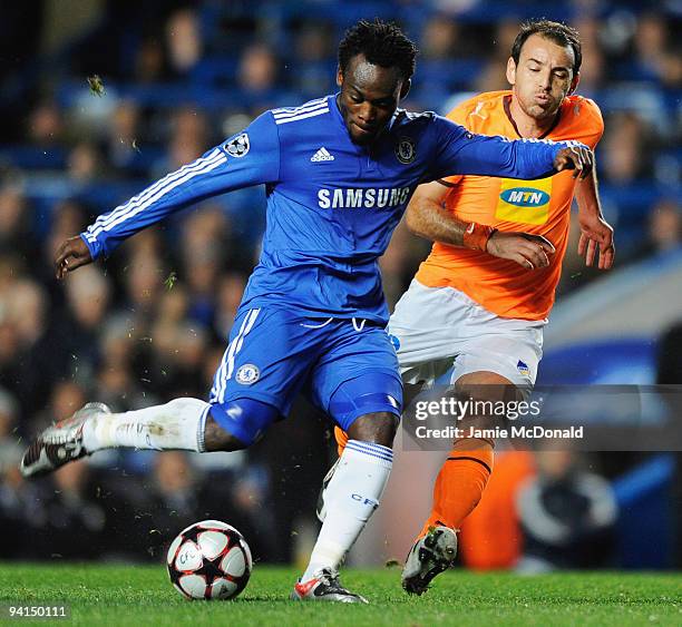 Michael Essien of Chelsea scores their first goal during the UEFA Champions League Group D match between Chelsea and Apoel Nicosia at Stamford Bridge...