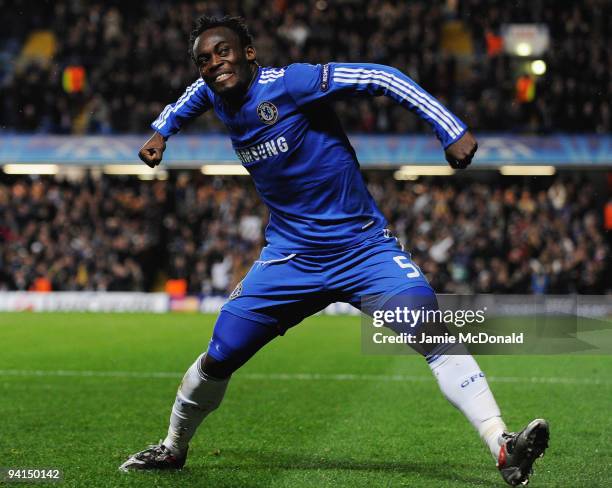 Michael Essien of Chelsea celebrates as he scores their first goal during the UEFA Champions League Group D match between Chelsea and Apoel Nicosia...