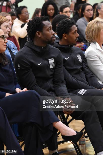 Patrick Beverley and Lou Williams of the LA Clippers participate in the announcement of a major gift to renovate nearly 350 public basketball courts...