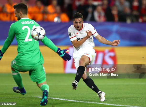 Pablo Sarabia of Sevilla scores his sides first goal during the UEFA Champions League Quarter Final Leg One match between Sevilla FC and Bayern...