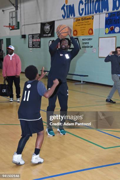 Patrick Beverley of the LA Clippers participates in the announcement of a major gift to renovate nearly 350 public basketball courts in the city at...