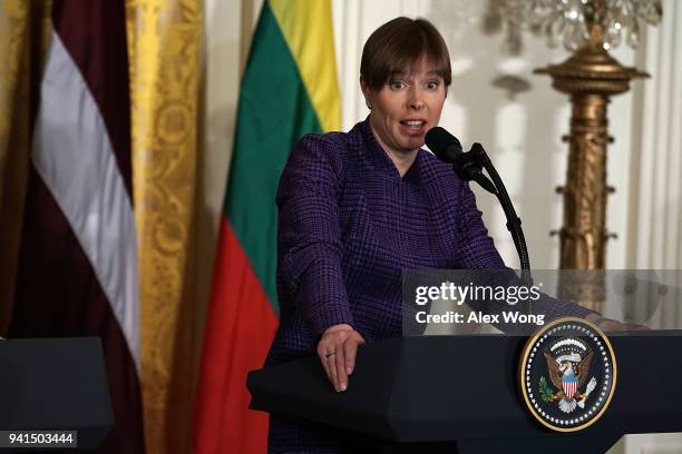 Estonian President Kersti Kaljulaid speaks during a joint news conference in the East Room of the White House April 3, 2018 in Washington, DC....