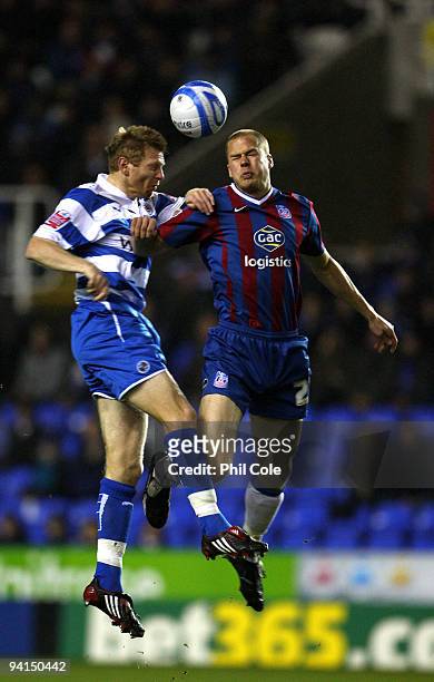 Bryn Gunnarsson of Reading goes up for the ball against Johannes Ertl of Crystal Palace during the Coca Cola Championship match between Reading and...