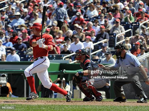 Thirdbaseman Ryan Zimmerman of the Washington Nationals hits a pitch during a game on August 31, 2008 against the Atlanta Braves at Nationals Park in...