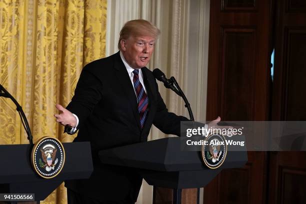President Donald Trump speaks during a joint news conference in the East Room of the White House April 3, 2018 in Washington, DC. Marking their 100th...