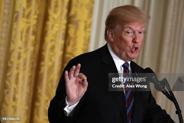 President Donald Trump speaks during a joint news conference in the East Room of the White House April 3, 2018 in Washington, DC. Marking their 100th...