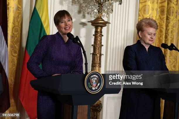 Estonian President Kersti Kaljulaid and Lithuanian President Dalia Grybauskaite participate in a joint news conference in the East Room of the White...