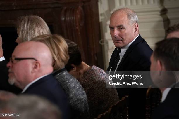 White House Chief of Staff John Kelly attends a joint news conference in the East Room of the White House April 3, 2018 in Washington, DC. Marking...