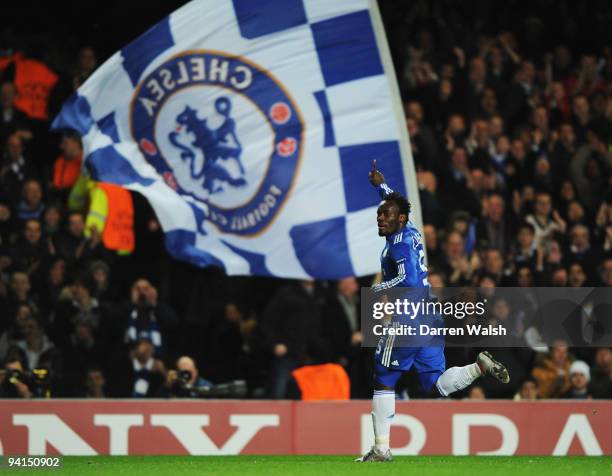 Michael Essien of Chelsea celebrates as he scores their first goal during the UEFA Champions League Group D match between Chelsea and Apoel Nicosia...