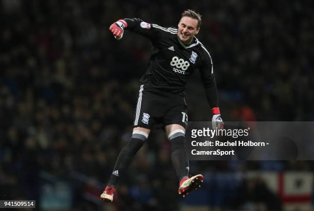 Birmingham City's David Stockdale celebrates scoring his side's first goal during the Sky Bet Championship match between Bolton Wanderers and...