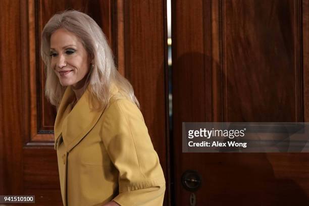 Counselor to the President Kellyanne Conway attends a joint news conference in the East Room of the White House April 3, 2018 in Washington, DC....