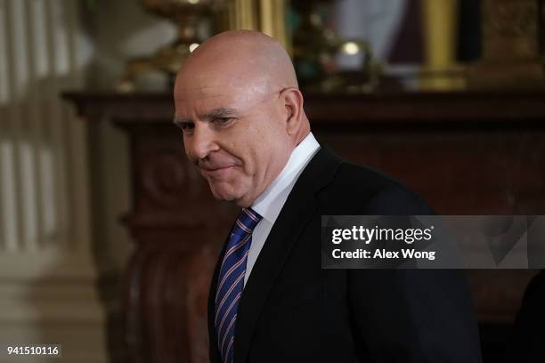 Outgoing National Security Adviser H.R. McMaster attends a joint news conference in the East Room of the White House April 3, 2018 in Washington, DC....