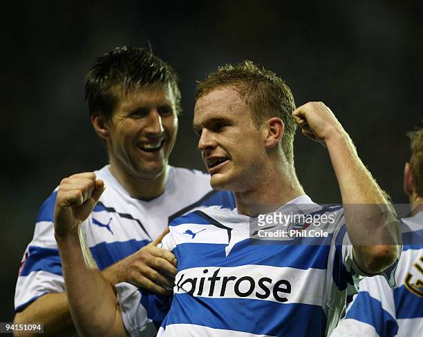Alex Pearce of Reading celebrates scoring with Grzegorz Rasiak against Crystal Palace during the Coca Cola Championship match between Reading and...