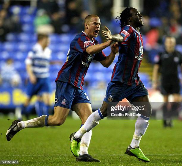 Victor Moses of Crystal Palace is congratulated by Johannes Ertl after scoring against Reading during the Coca Cola Championship match between...