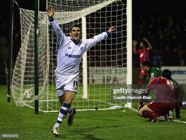 Terry Gornell of Tranmere celebrates after scoring his team's second goal during the FA Cup sponsored by E.ON 2nd Round Replay match between...