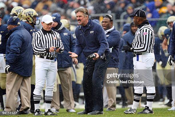 Head Coach Dave Wannstedt of the University of Pittsburgh Panthers argues with the referee on the sideline during the game against the University of...