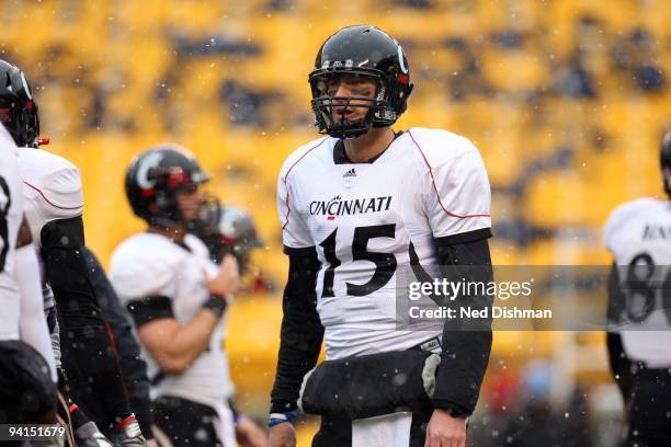 Quarterback Tony Pike of the University of Cincinnati Bearcats stands on the field during the game against the University of Pittsburgh Panthers at...